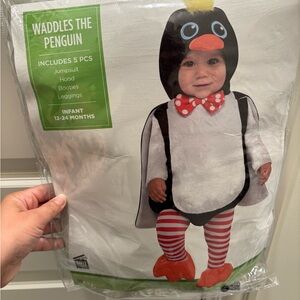 Infant Penguin Costume with Red Striped Leggings